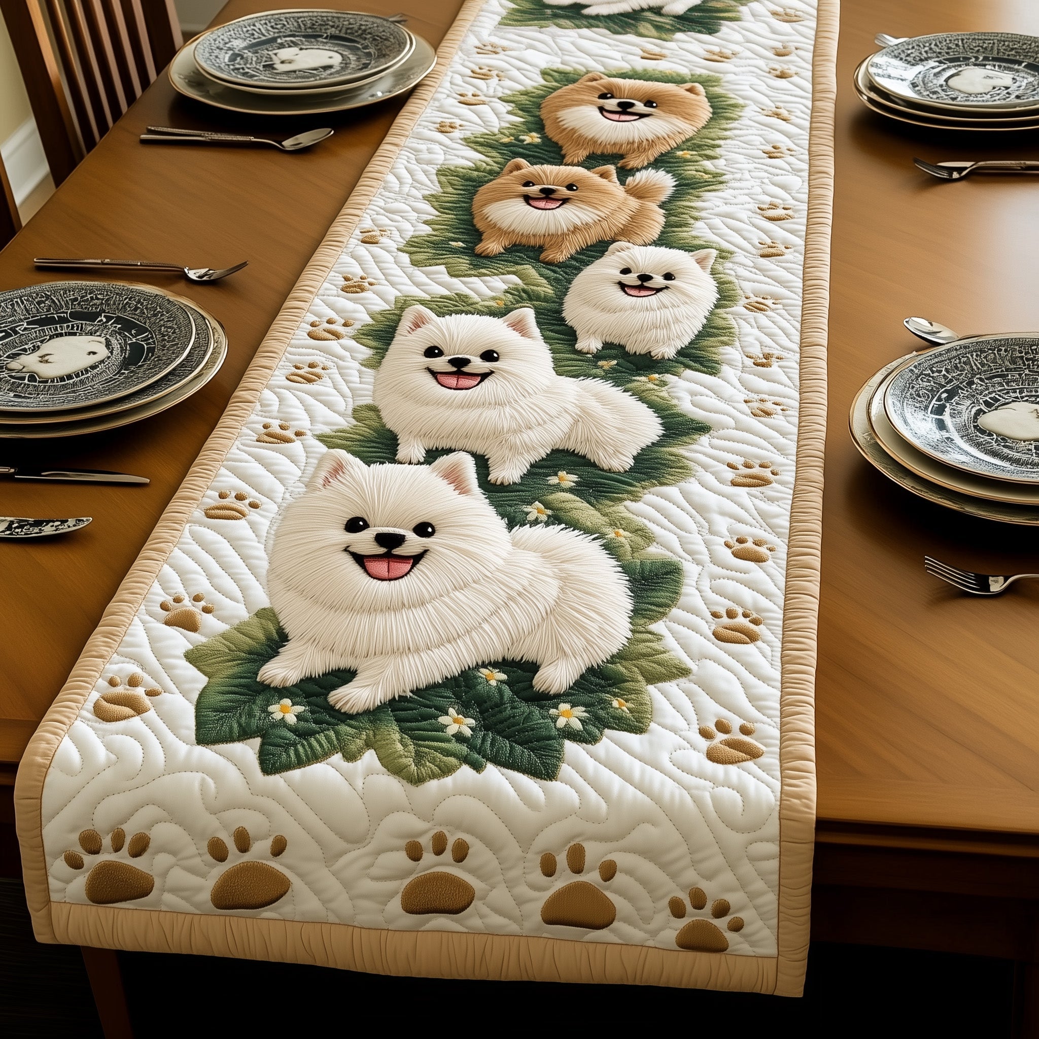 Pomeranian Quilted Table Runner Christmas Dining Table Runner