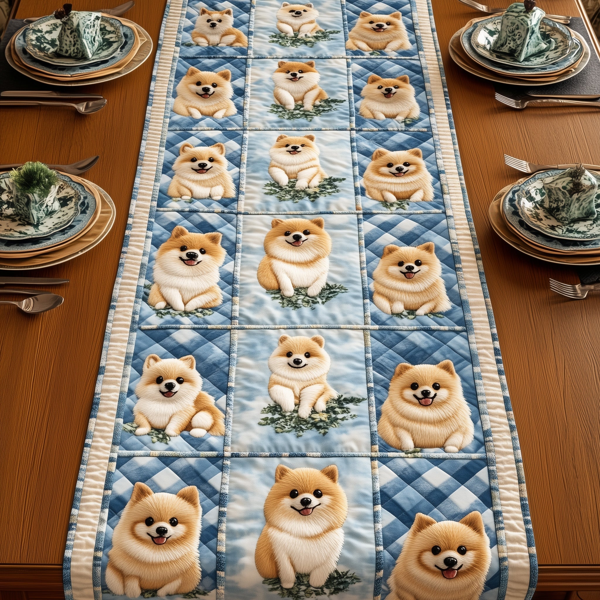 Pomeranian Quilted Table Runner Festive Christmas Dining Room Table Runner