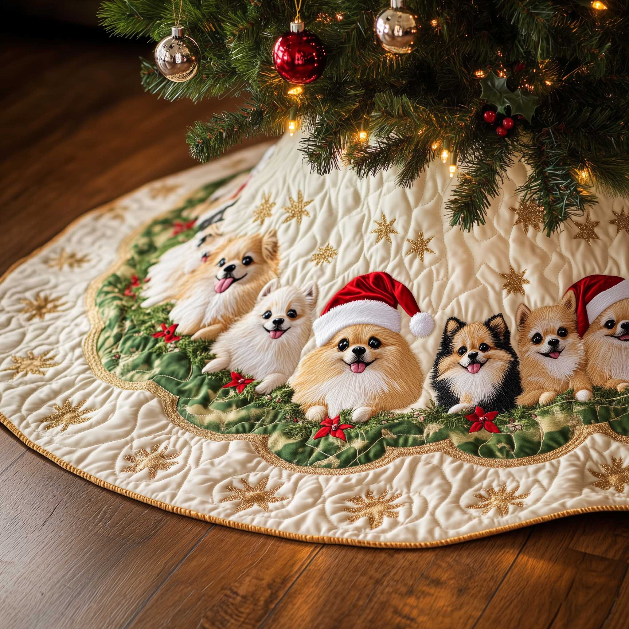 Pomeranian Quilted Tree Skirt Cute Home Decor Xmas Gifts For Pomeranian Lovers