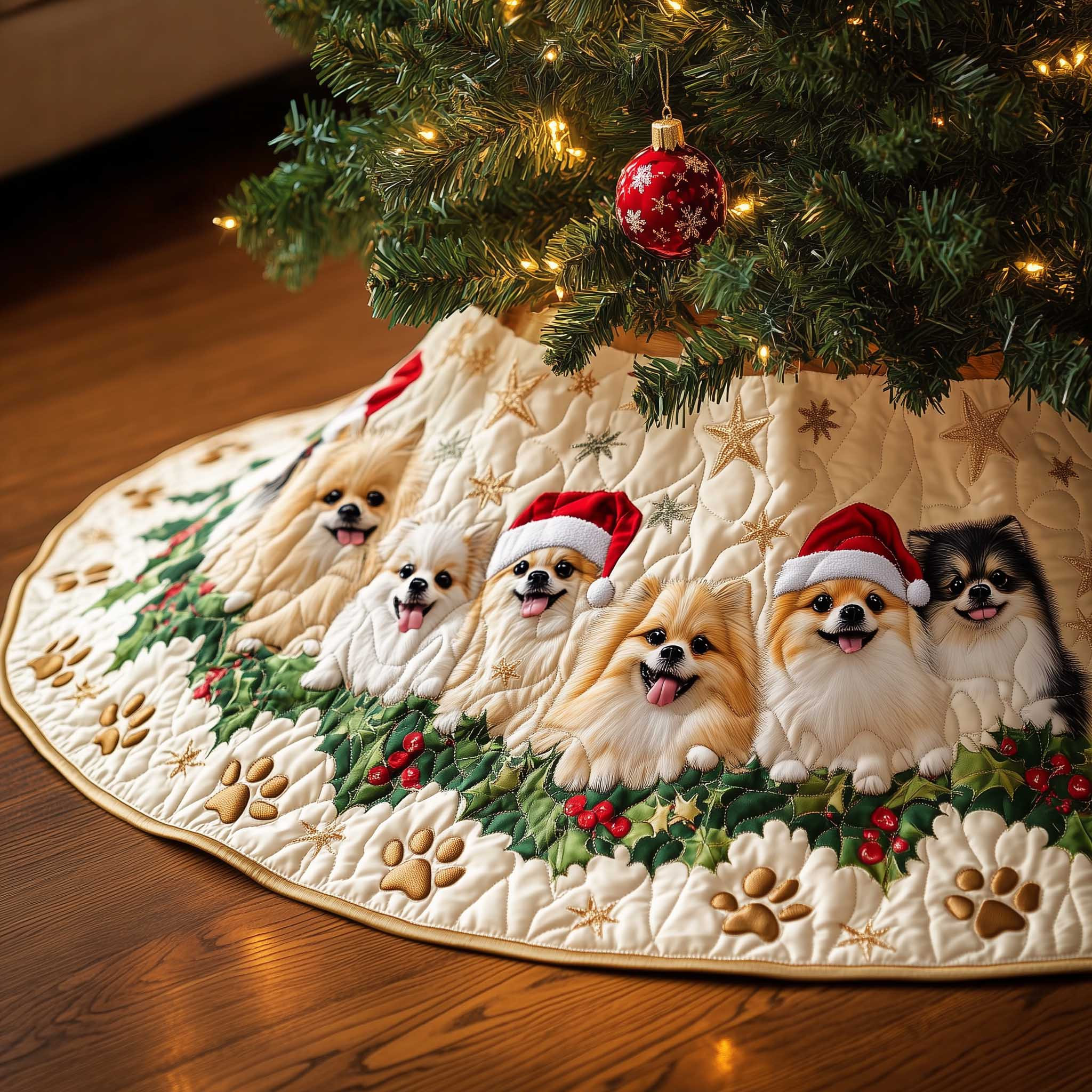 Pomeranian Quilted Tree Skirt Trending Home Decor 2025 Xmas Decorations Gifts