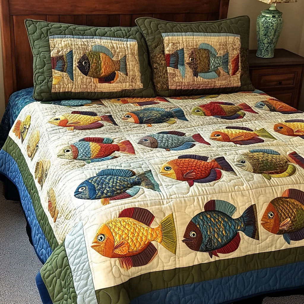 Pond Adventures Quilted Bedding Set Best Bed Sheet Set Cool Gifts For Fishing Lovers