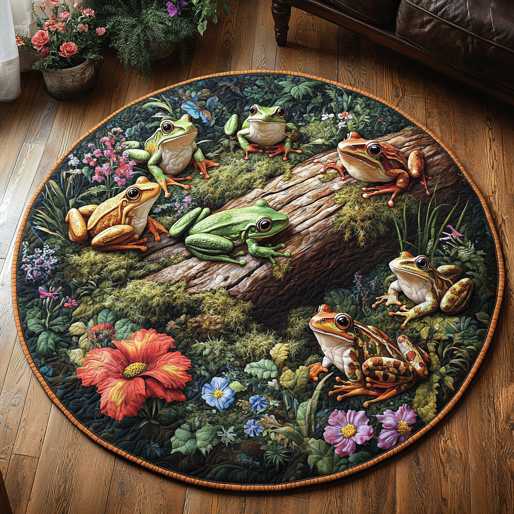 Pond Pals Quilted Round Mat Home Front Door Design Gifts For People Who Like Frogs
