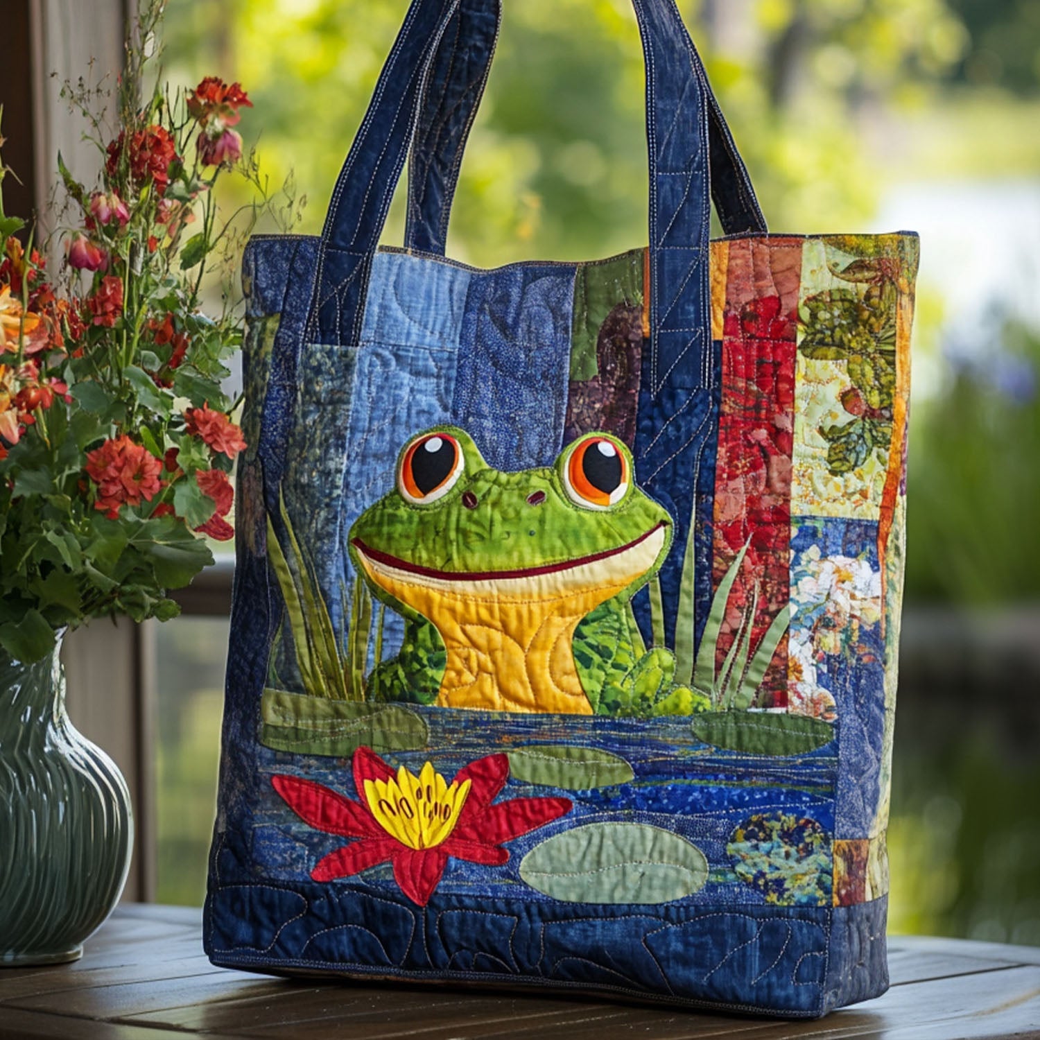Pond Party Quilted Tote Bag Cute Frog Gifts