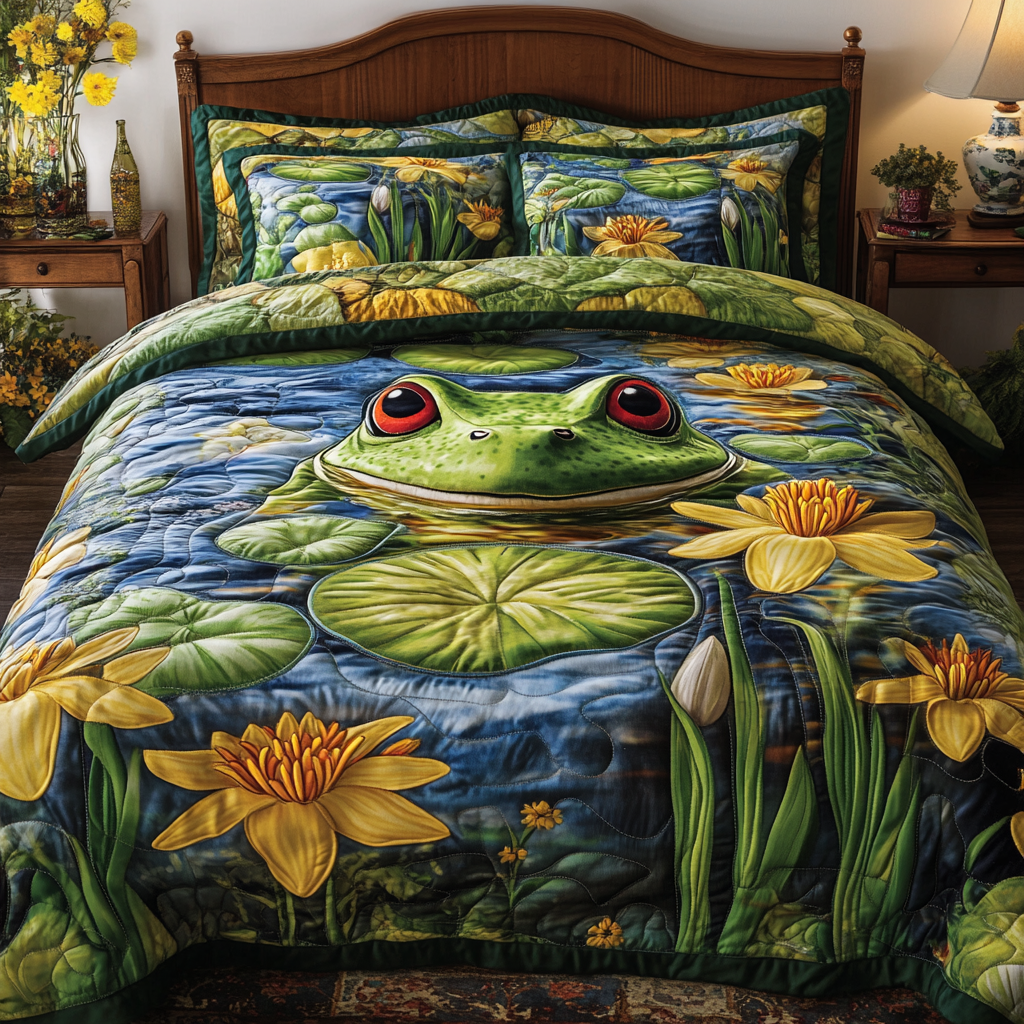 Pond Peace Quilted Bedding Set Cute Bedroom Decor Frog Gifts For Her