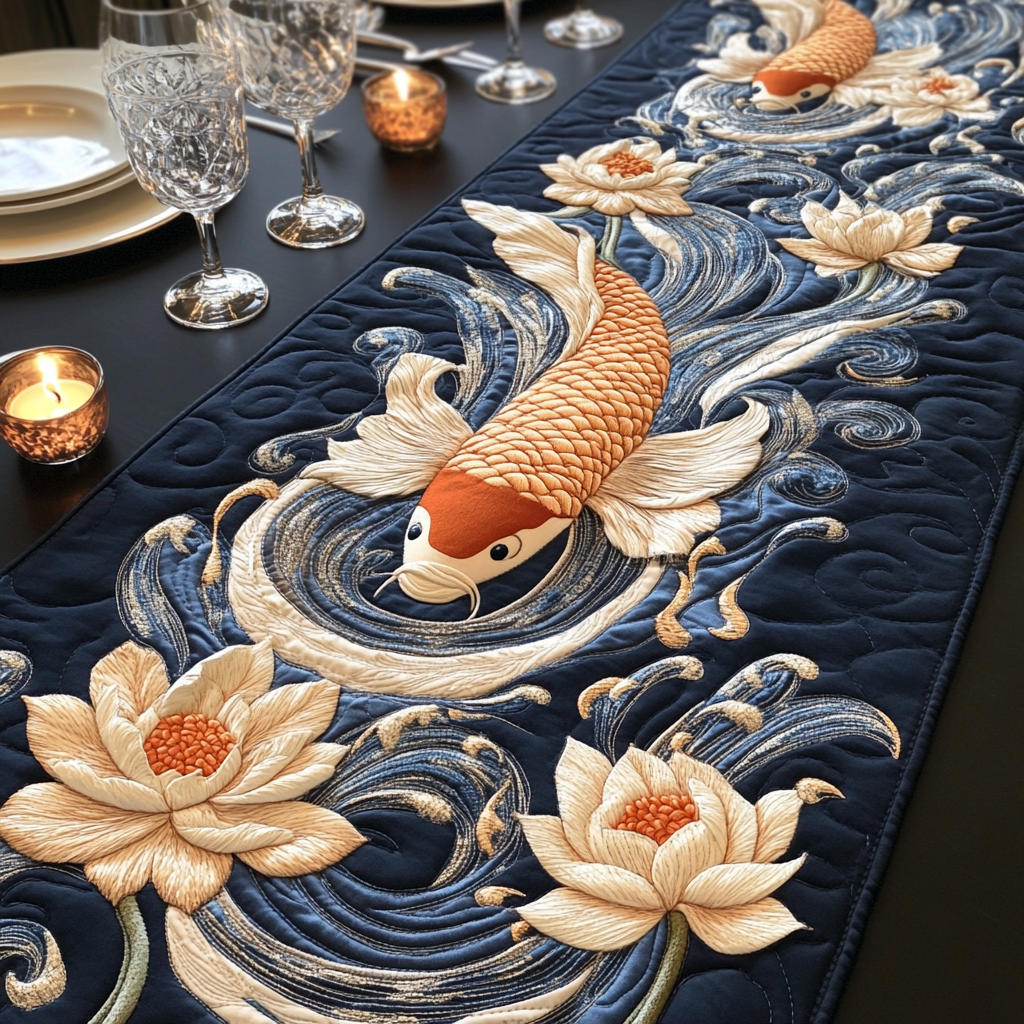 Pond Serenity Quilted Table Runner Dinner Table Decor Koi Birthday Gift