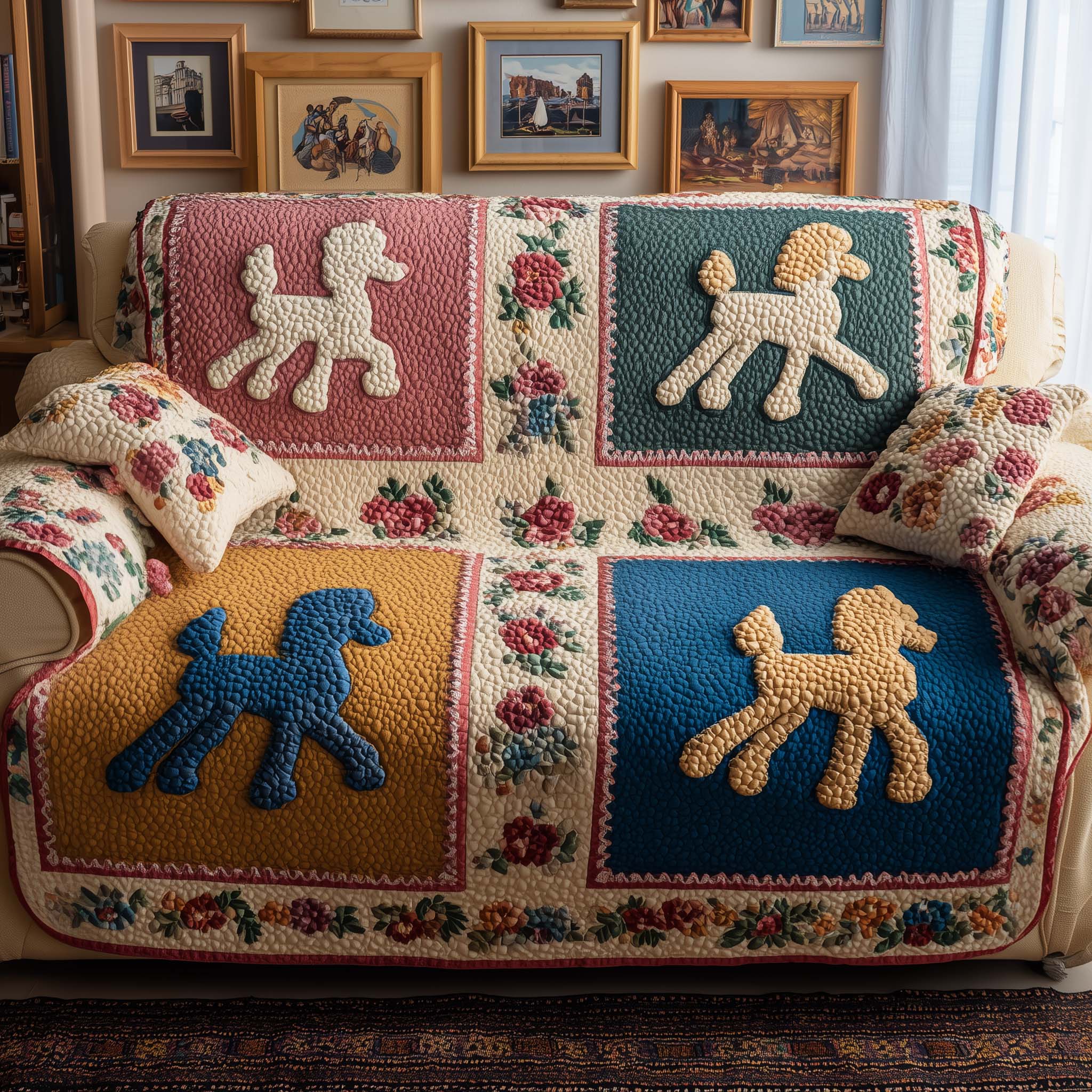 Poodle Charm Quilted Sofa Cover Chic Curly Dog Silhouette Poodle Related Gifts