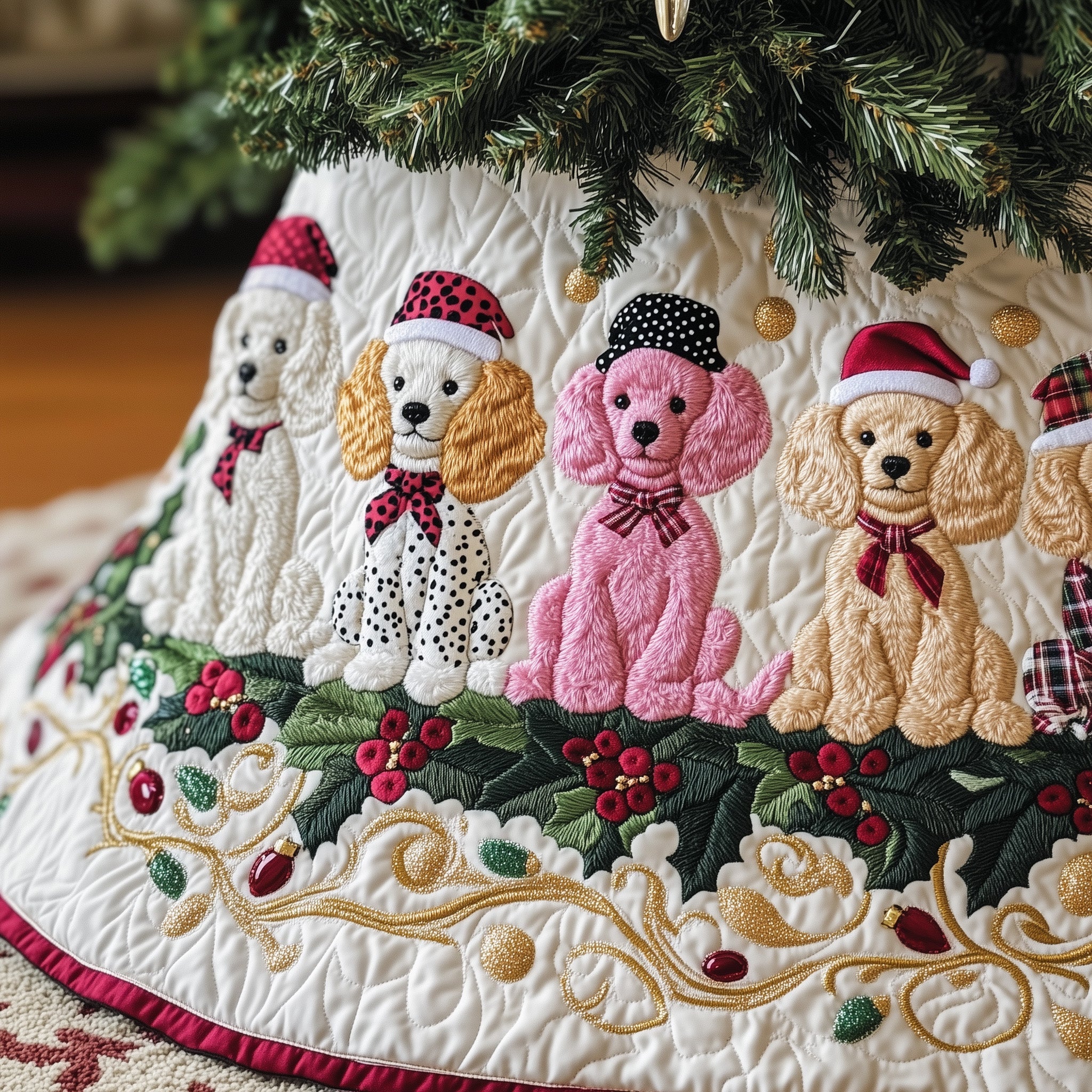 Poodle Charm Quilted Tree Skirt Beautiful Christmas Home Merch