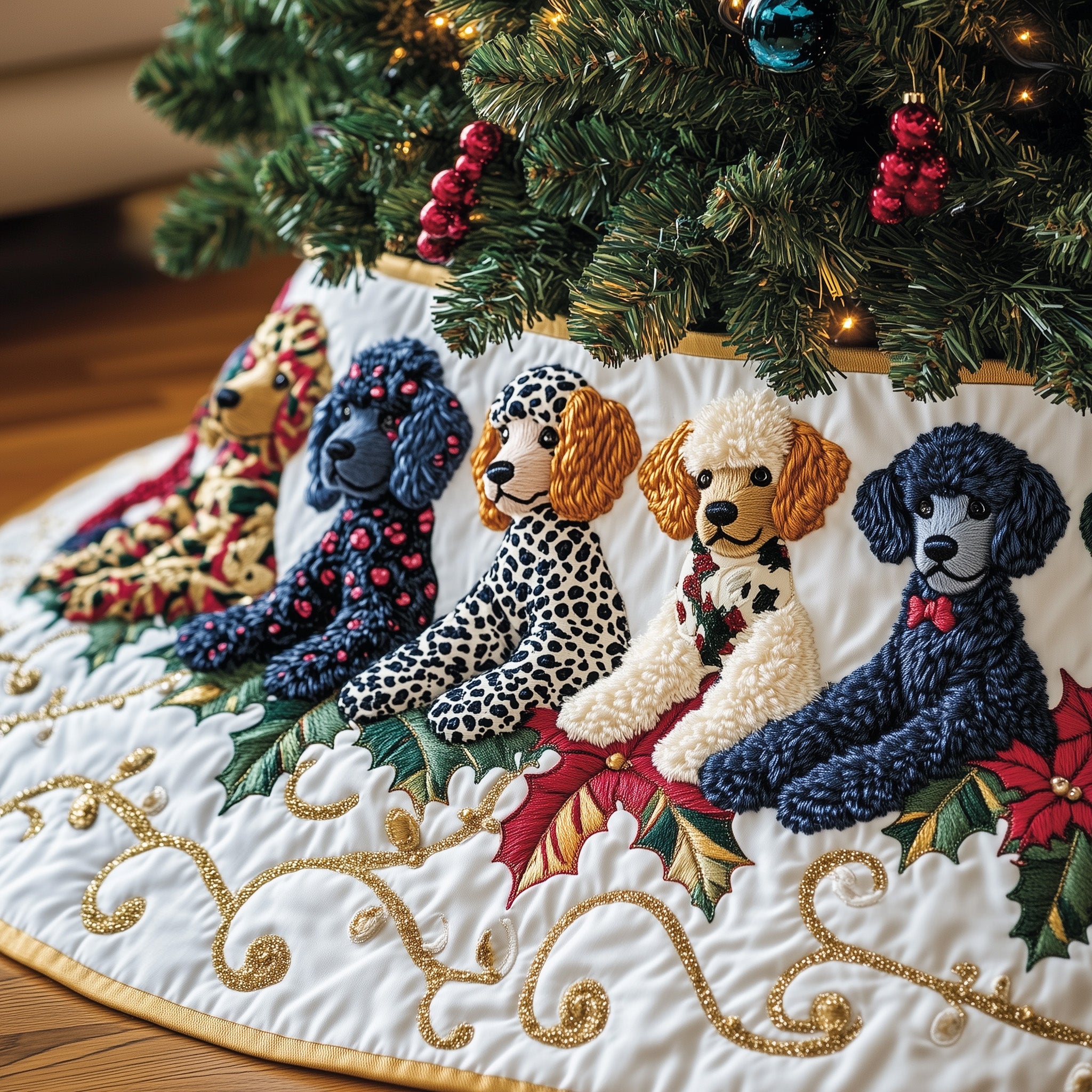 Poodle Charm Quilted Tree Skirt Warm Gift Merch For Family