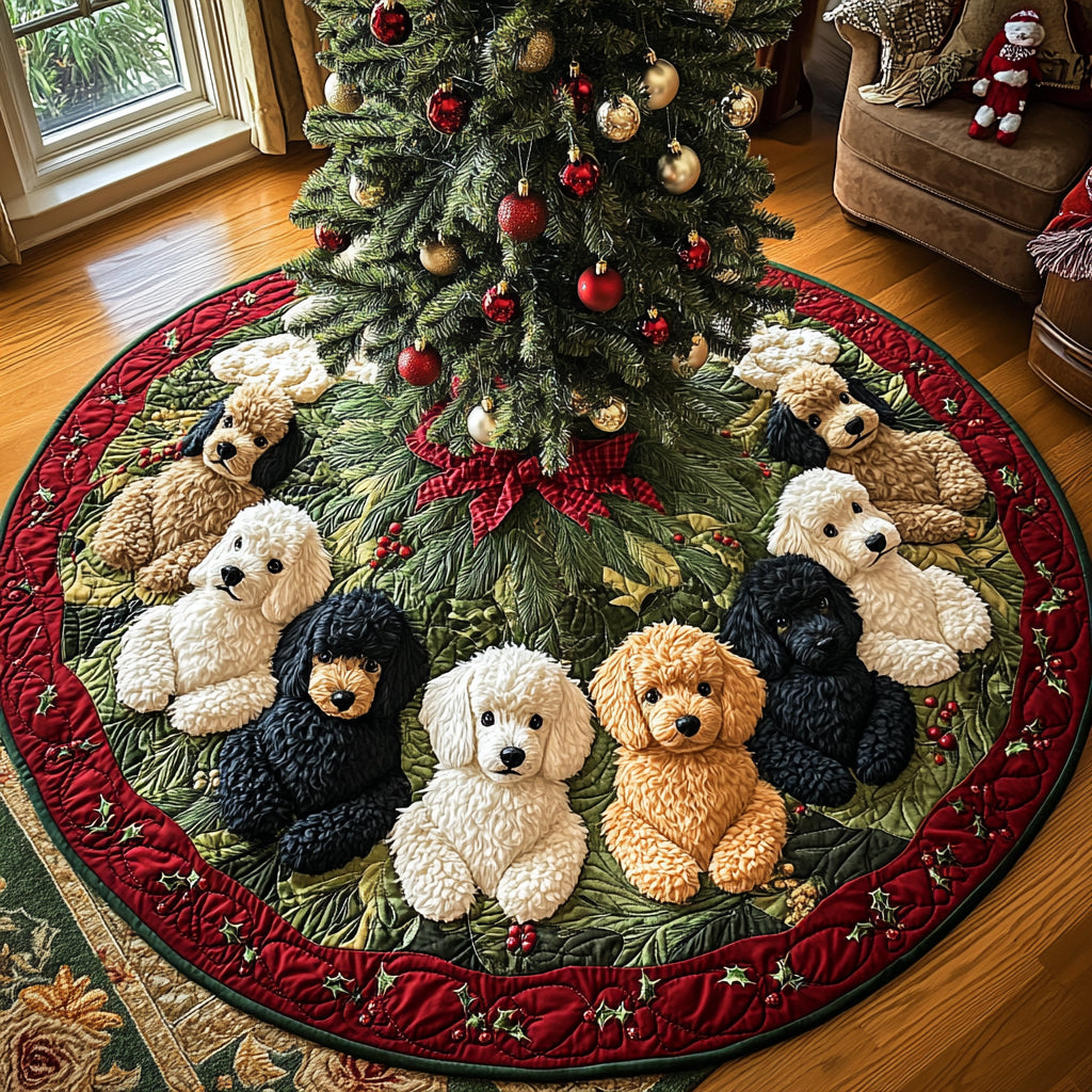 Poodle Christmas Eve Quilted Christmas Tree Skirt Cozy Holiday Tree Skirt to Brighten Your Home