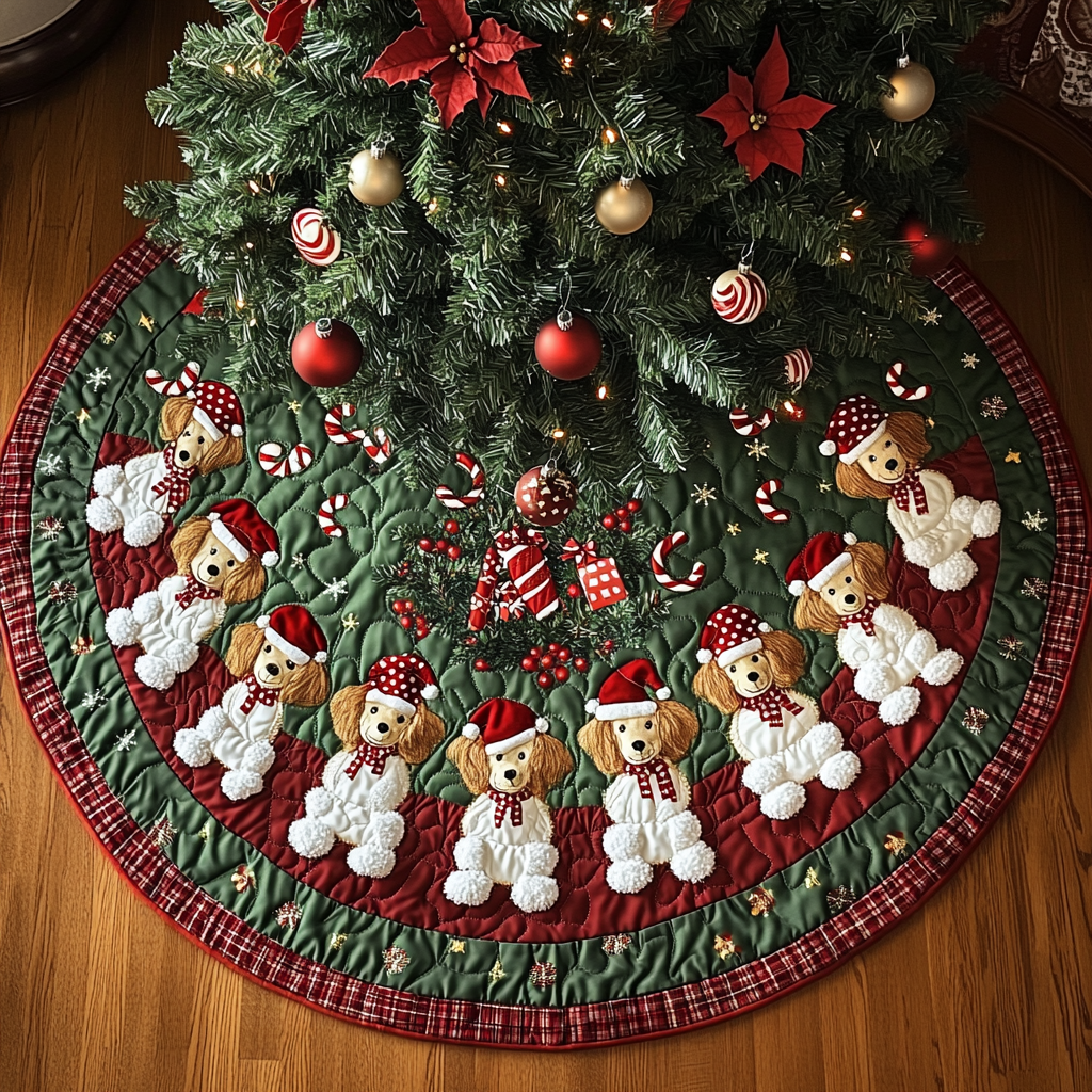 Poodle Holiday Spirit Christmas Quilted Tree Skirt Lovely Holiday Tree Skirt for Festive Vibes