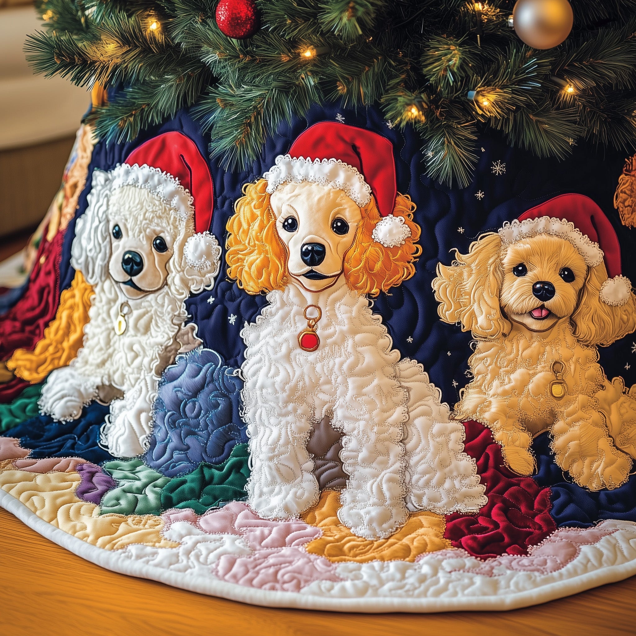 Poodle Joy Quilted Tree Skirt Charming Holiday Home Merch