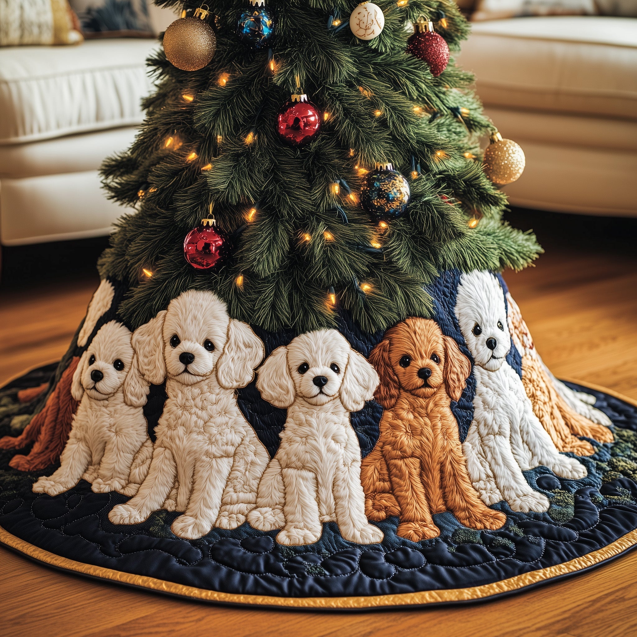 Poodle Joy Quilted Tree Skirt Cozy Home Decor Gift Merch