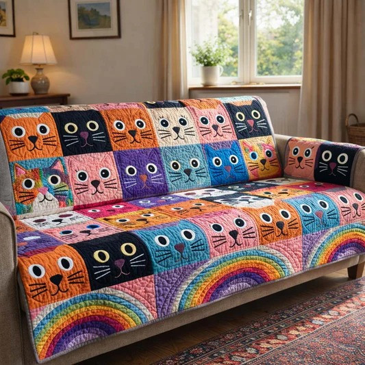 Pop Cat Rainbow Quilted Sofa Cover Cat Lover Home Decor Gift For Cozy Living Room