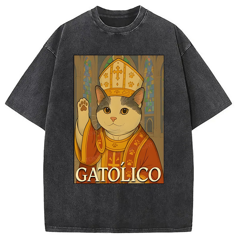 Pope Cat Washed T-Shirt Soft Cotton Daily Wear Tee Gifts For Friends