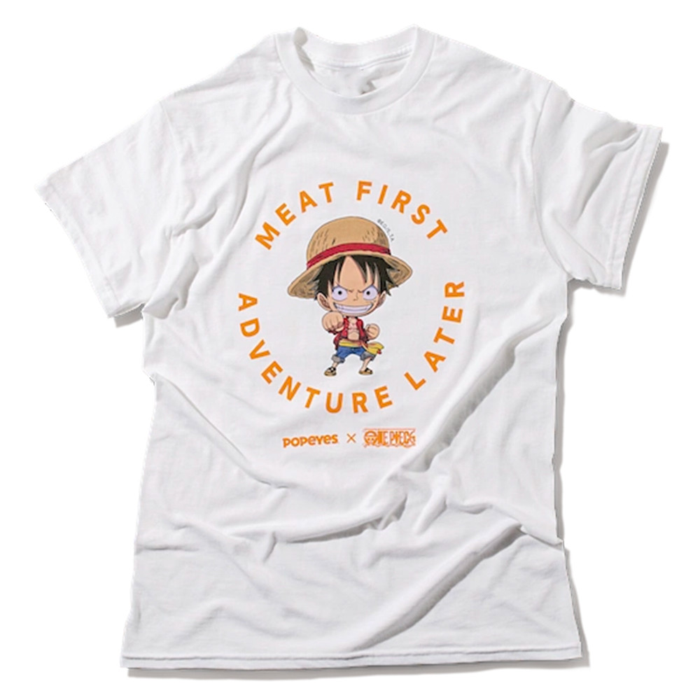 Popeyes x One Piece Meat First Adventure Later T-Shirt Straw Hat Pirates Fast Food Collab Apparel Fan Gift