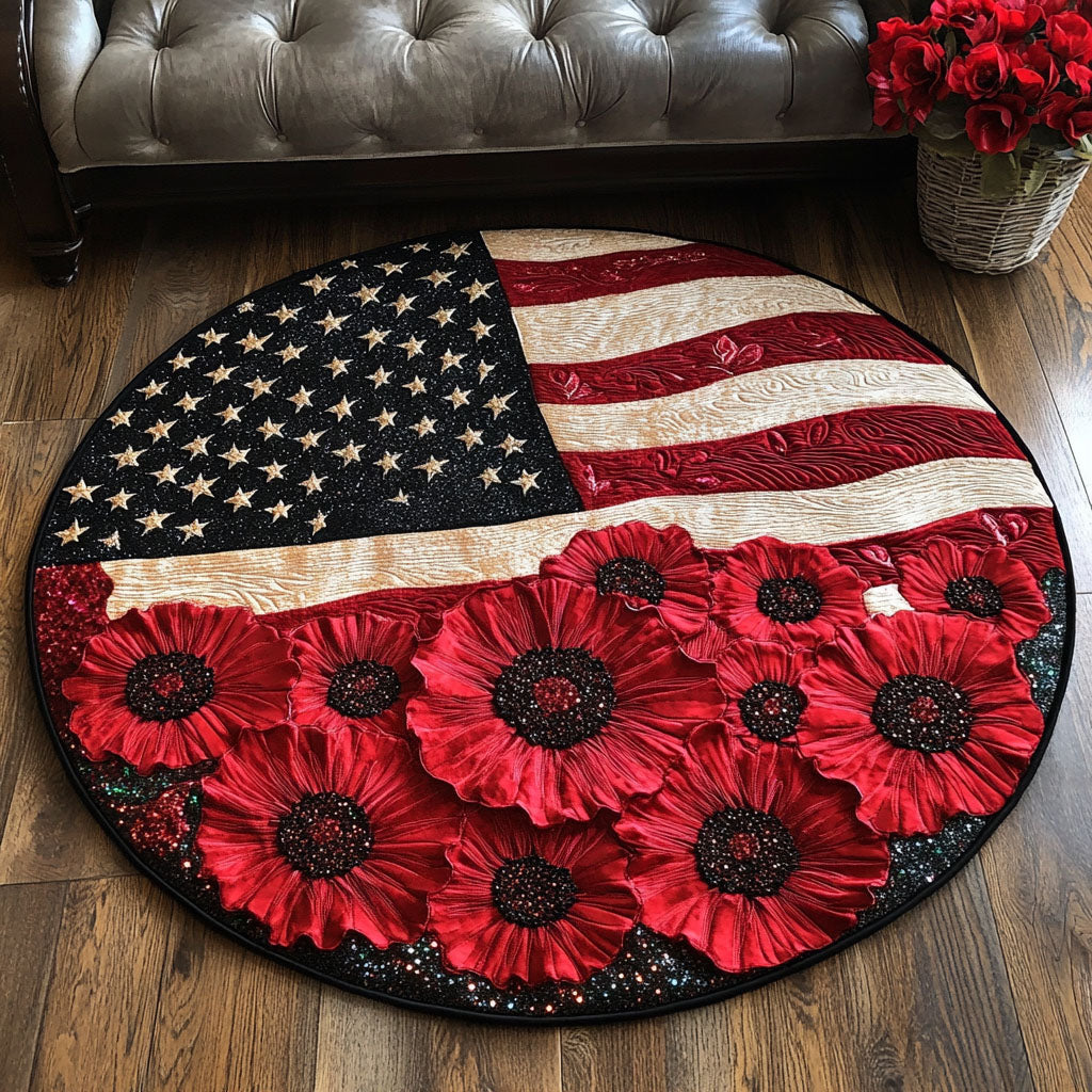 Poppies and Stars Quilted Round Mat Outdoor Entryway Decor Sunflower Items For Gifts