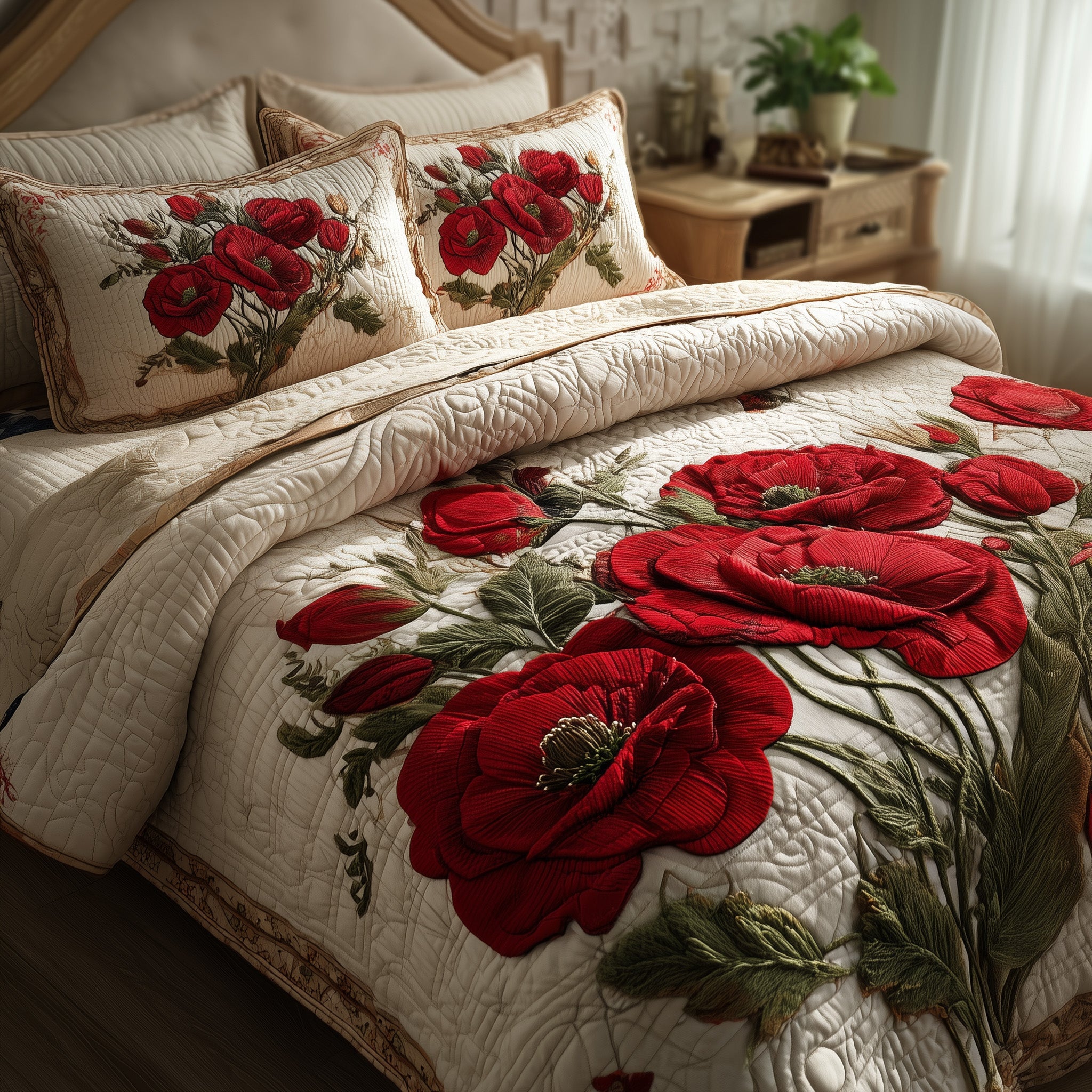 Poppies Quilted Bedding Set Duvet Cover Bedspread Best Thank You Gifts