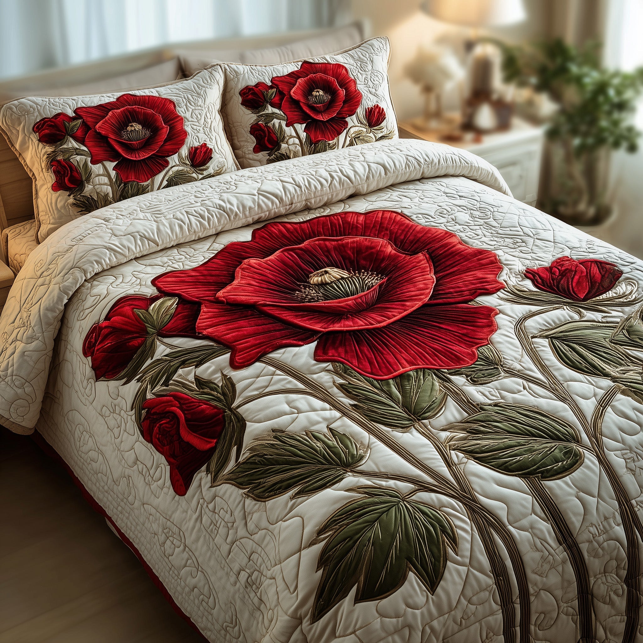 Poppies Quilted Bedding Set Elegant Bedding