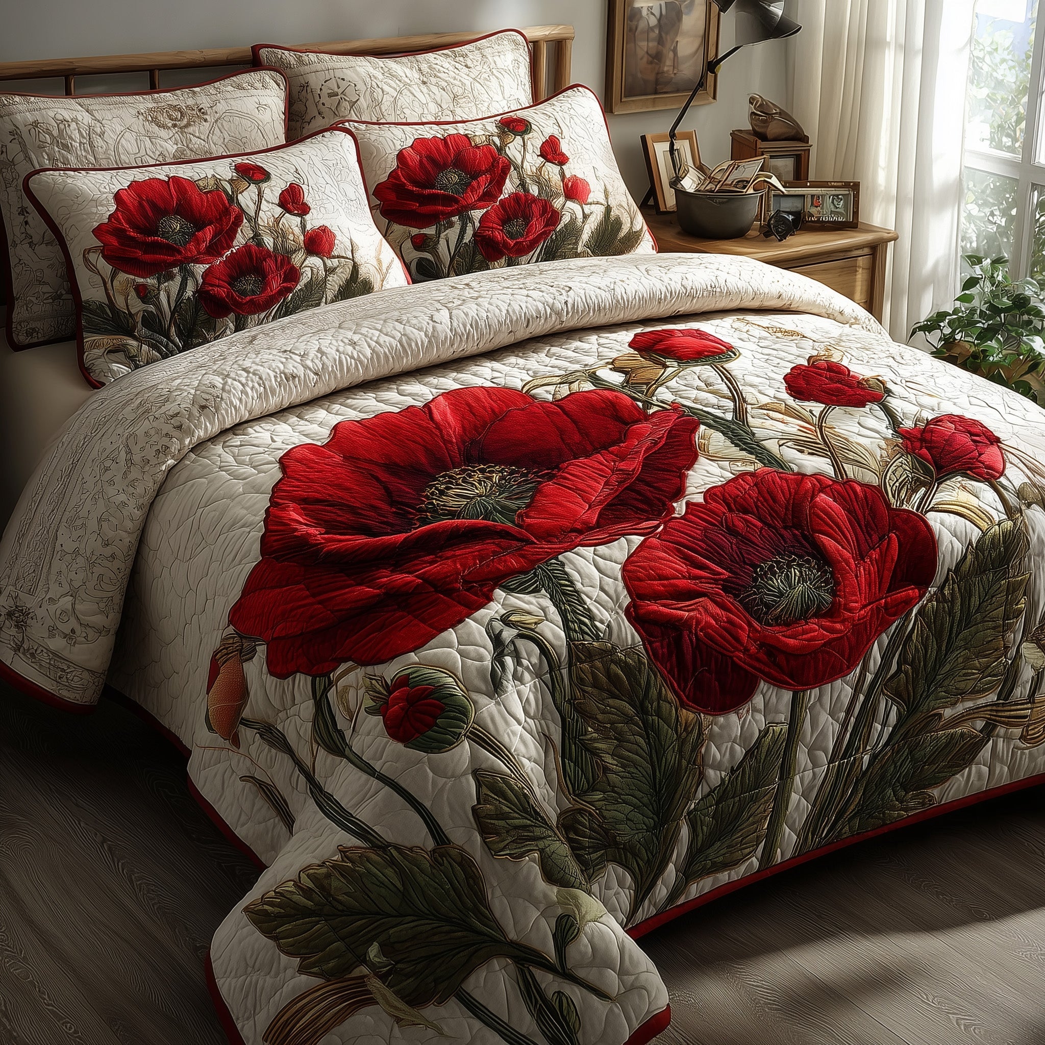 Poppies Quilted Bedding Set Farmhouse Style