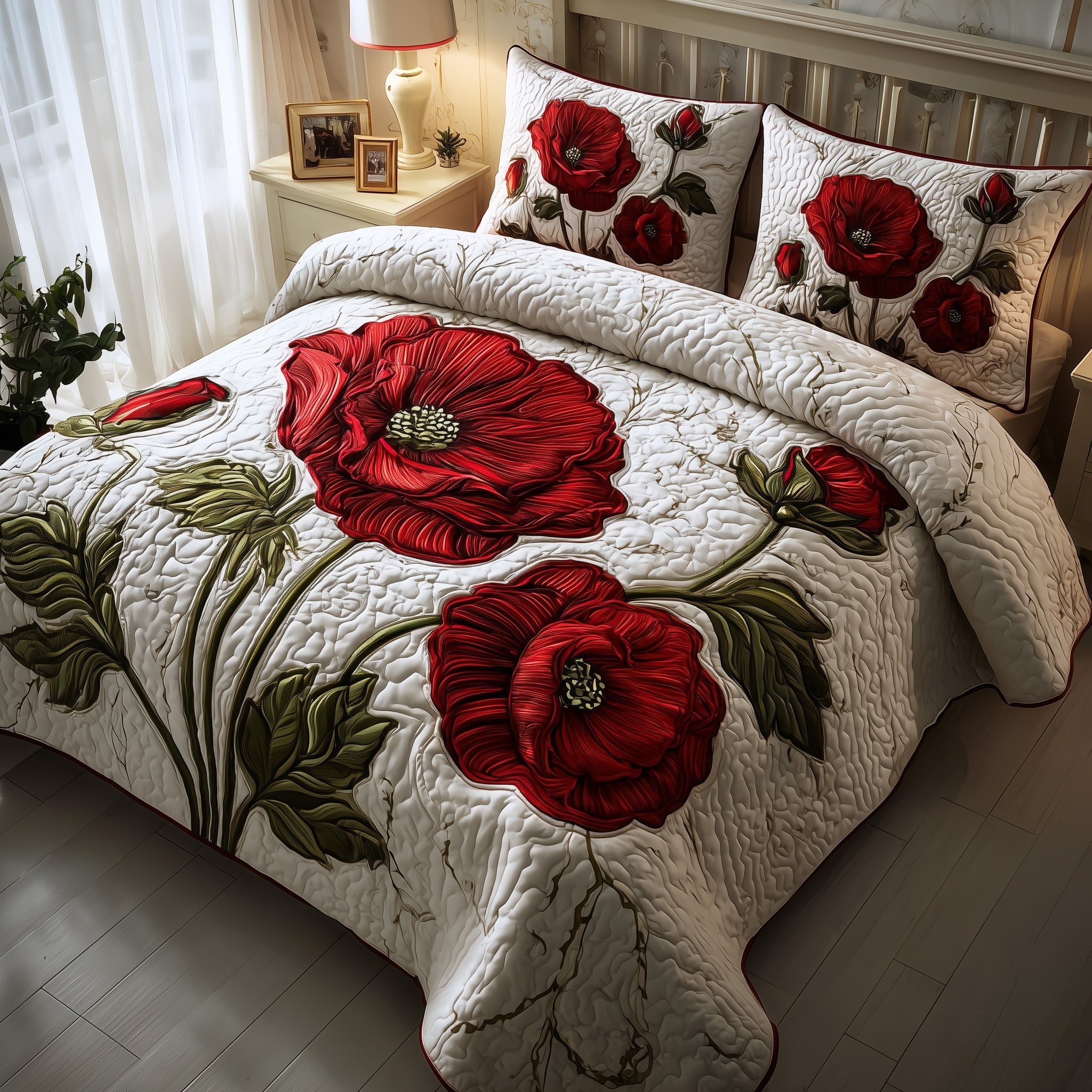Poppies Quilted Bedding Set Solid Color