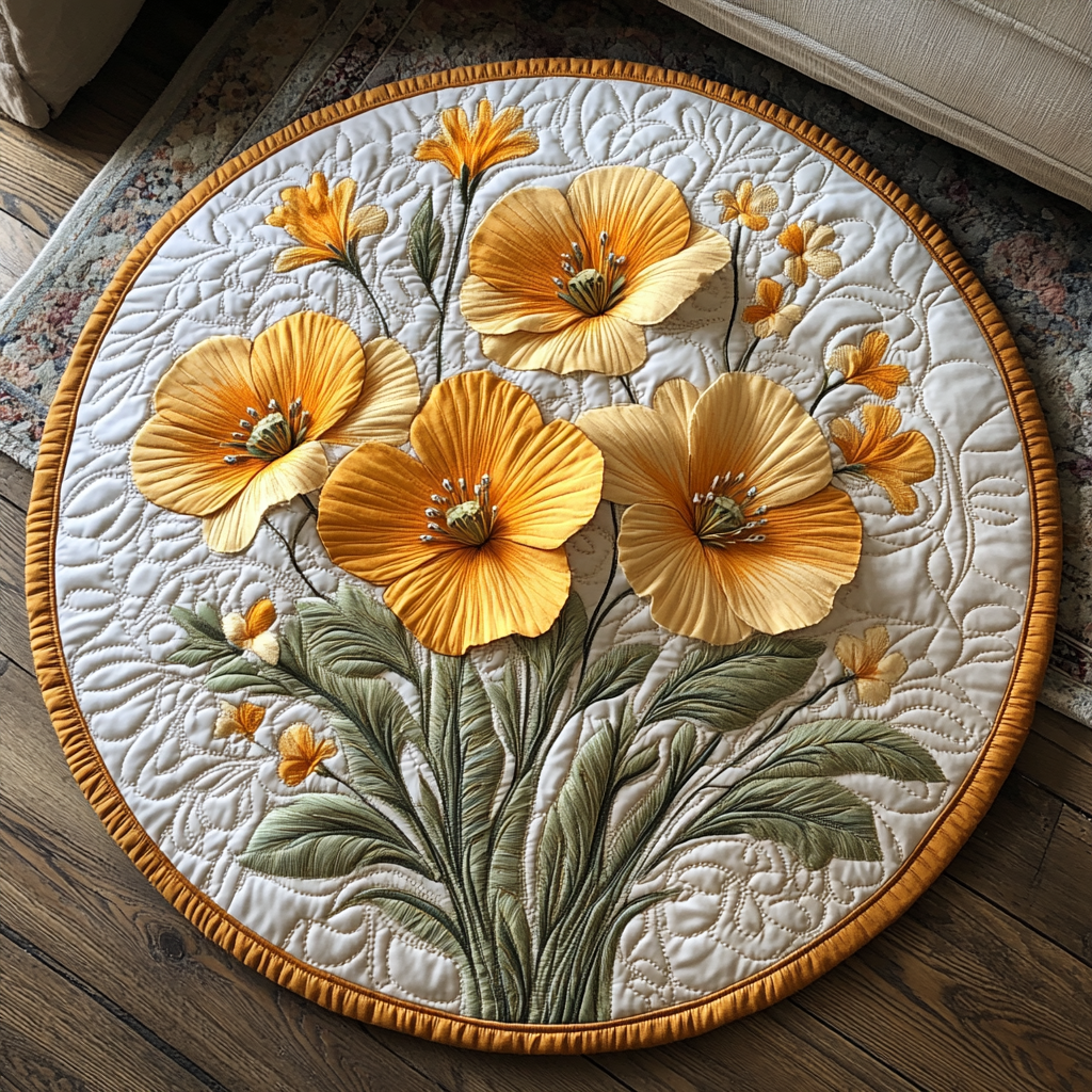 Poppy Charm Quilted Round Mat Unique Front Door Decor Cool Farmer Gifts