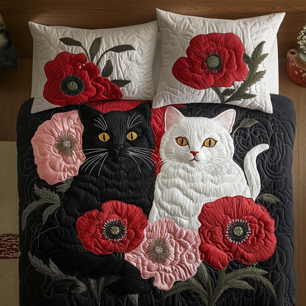 Poppy Companions Quilted Bedding Set Bed Room Decoration Cat Mom Gifts