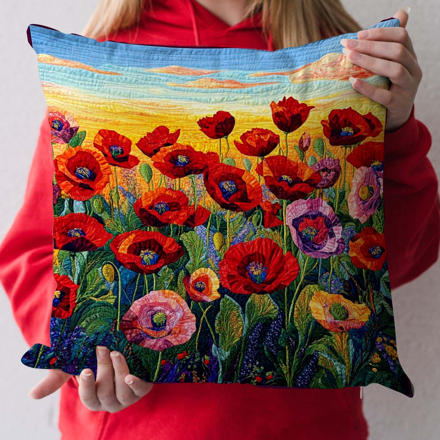 Poppy Field Quilted Pillow Case Cozy Winter Cushion Cover