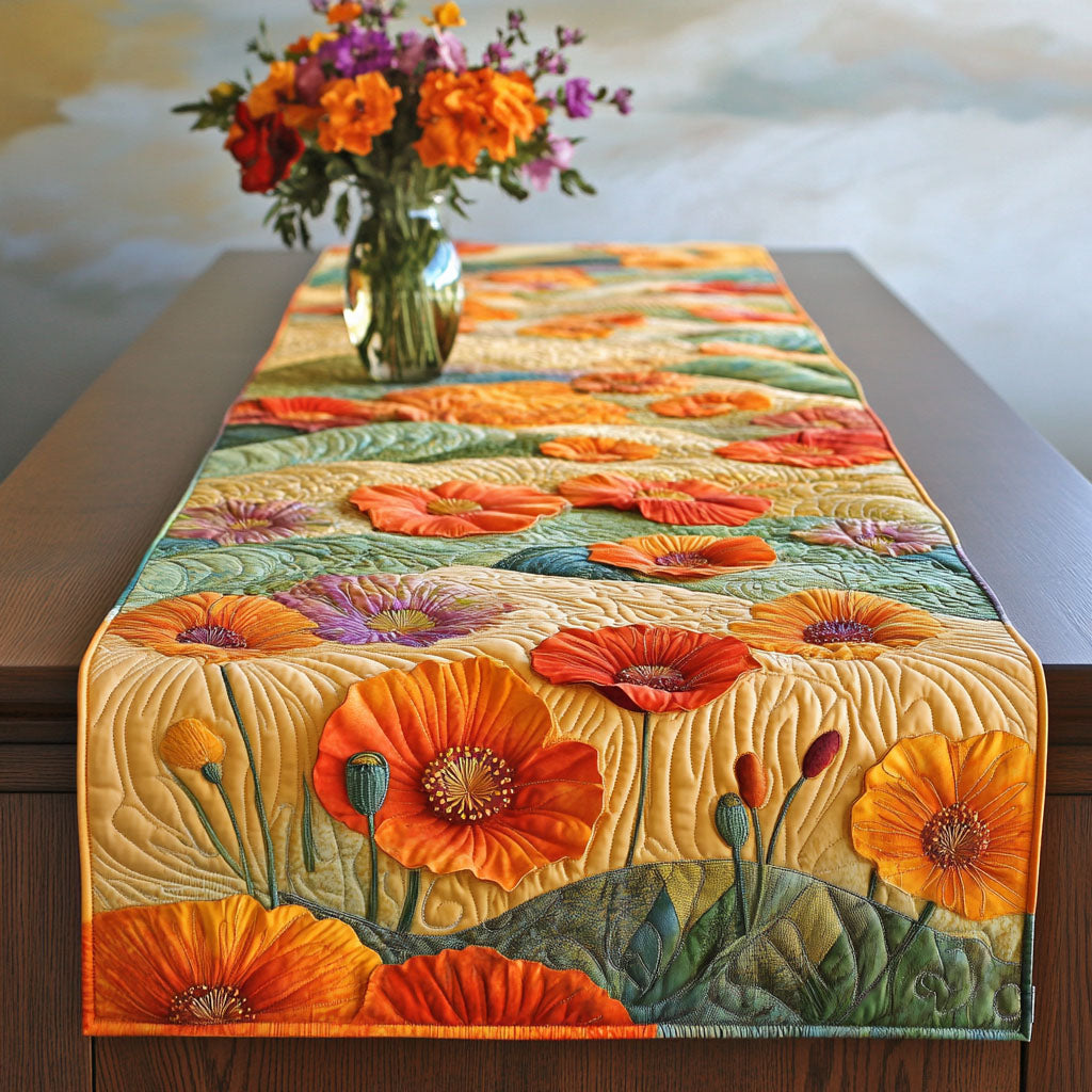 Poppy Meadow Glow Quilted Table Runner Dining Decor Gifts For Flower Enthusiasts