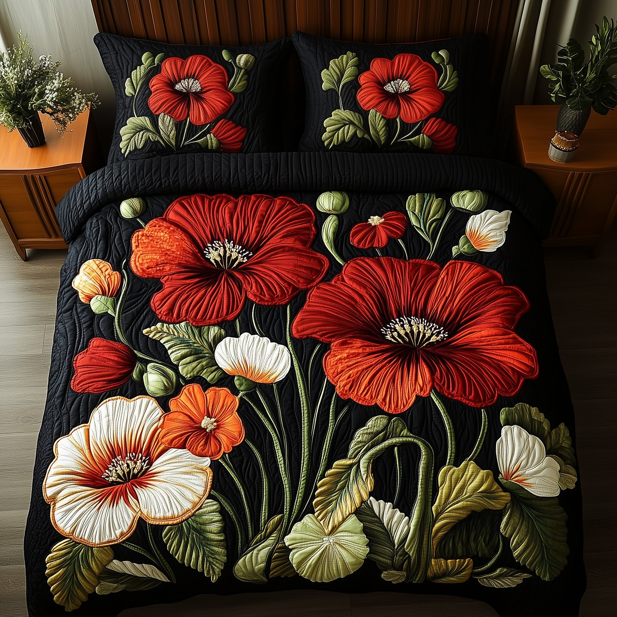 Poppy Meadow Quilted Bedding Set Duvet Cover Bedspread Christmas Present Ideas For Girlfriend