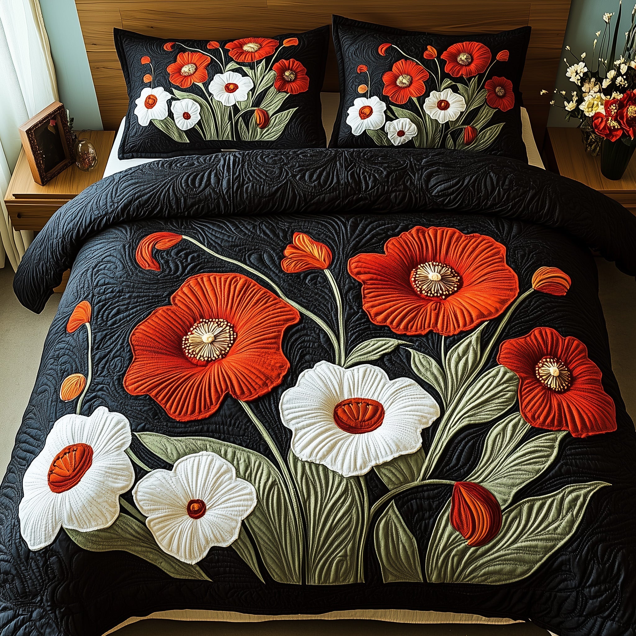Poppy Meadow Quilted Bedding Set Duvet Cover Bedspread Great Christmas Gifts For Wife