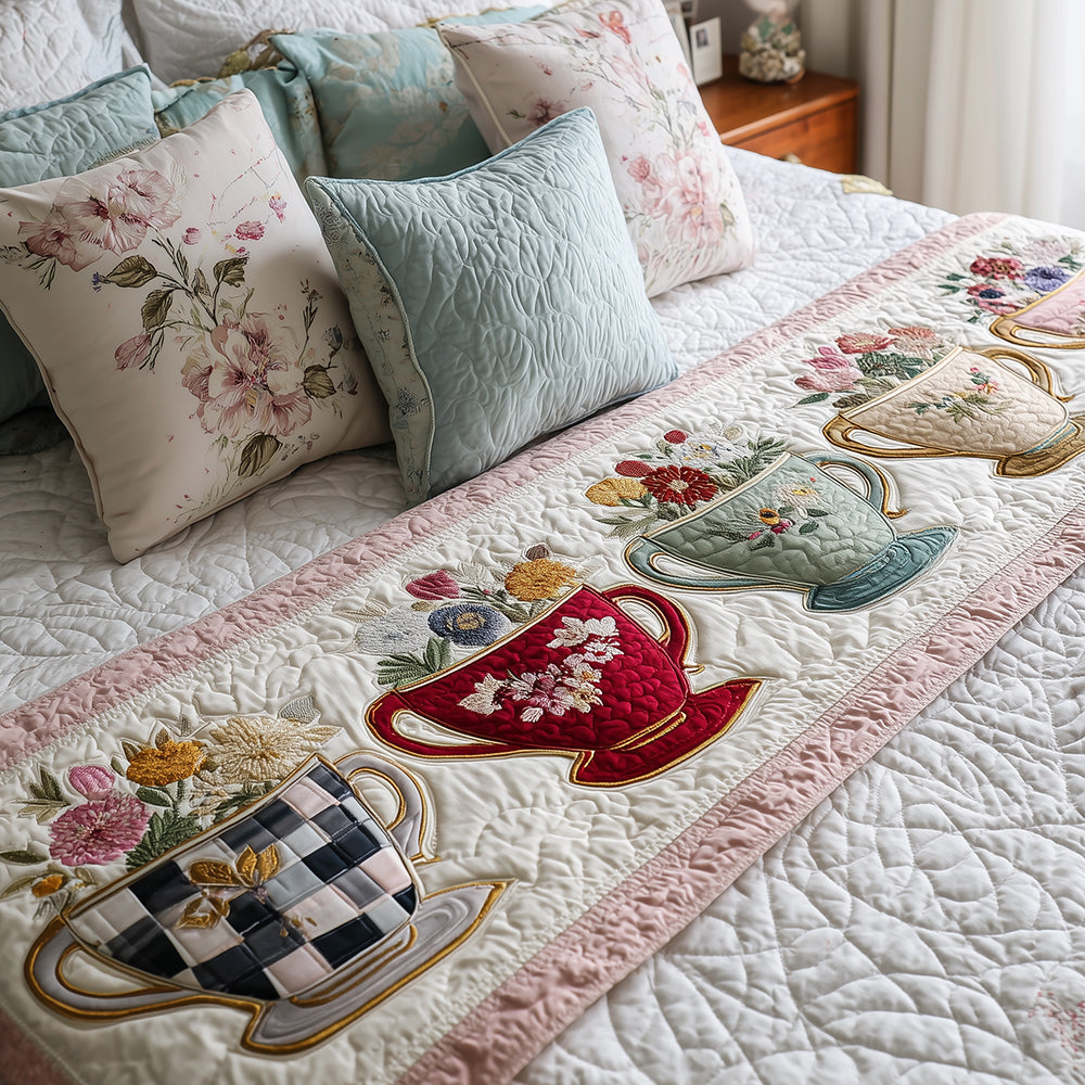 Porcelain Garden Trail Quilted Bed Runner Bed Decor Christmas Gifts For Tea Drinkers