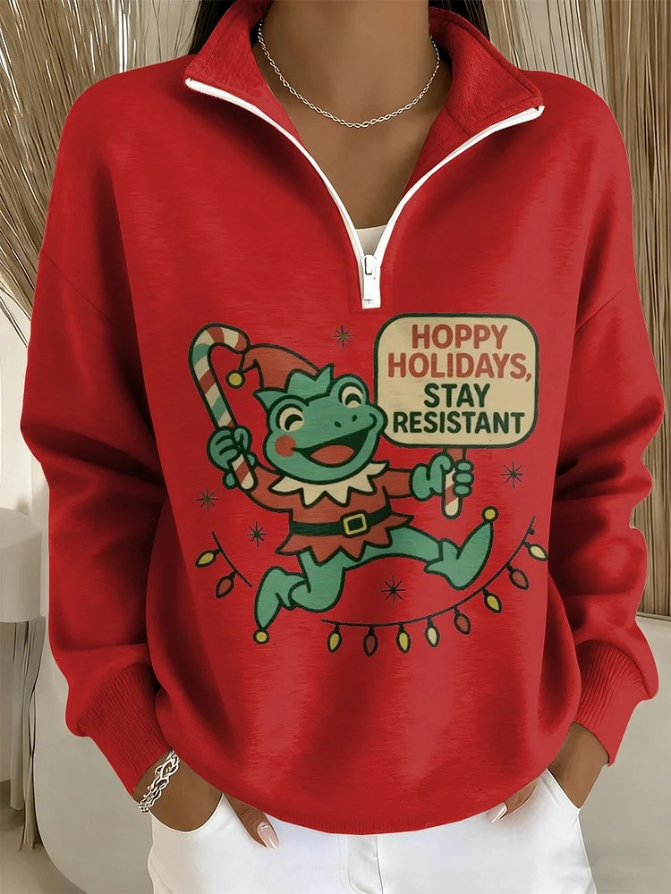 Portland Frog Hoppy Holidays Stay Resistant Quarter Zip Sweatshirt Antifa Merch Xmas Gifts