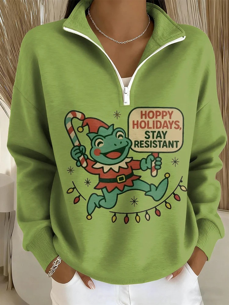 Portland Frog Hoppy Holidays Stay Resistant Quarter Zip Sweatshirt Christmas Gifts