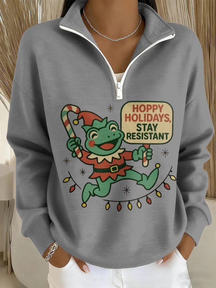 Portland Frog Hoppy Holidays Stay Resistant Quarter Zip Sweatshirt Christmas Gifts For Her