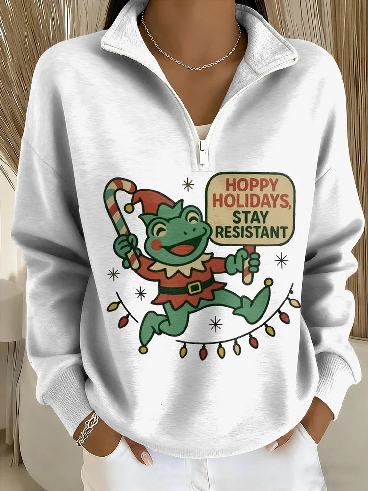 Portland Frog Hoppy Holidays Stay Resistant Quarter Zip Sweatshirt Christmas Ideas For Her