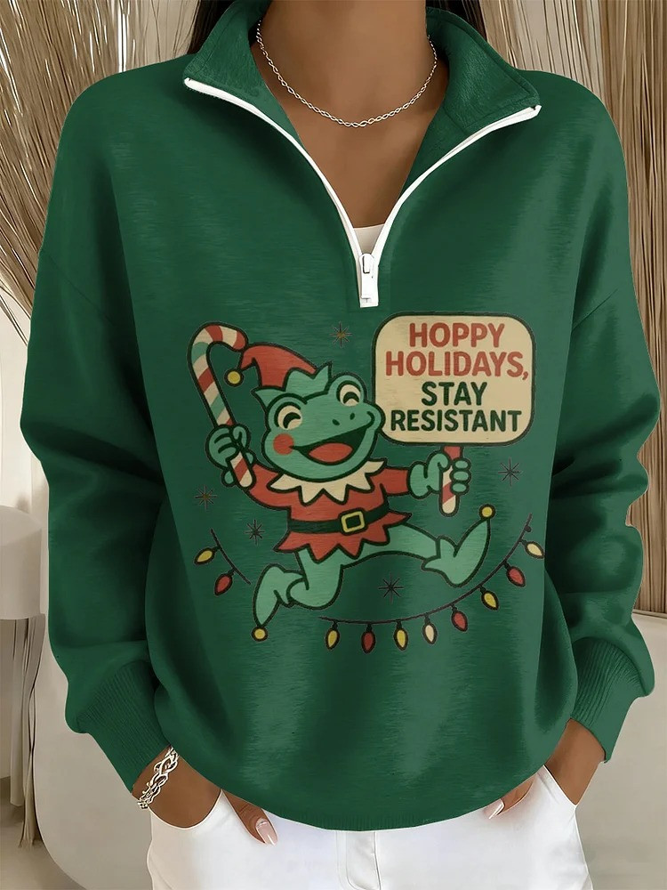 Portland Frog Hoppy Holidays Stay Resistant Quarter Zip Sweatshirt Xmas Gifts For Democrats