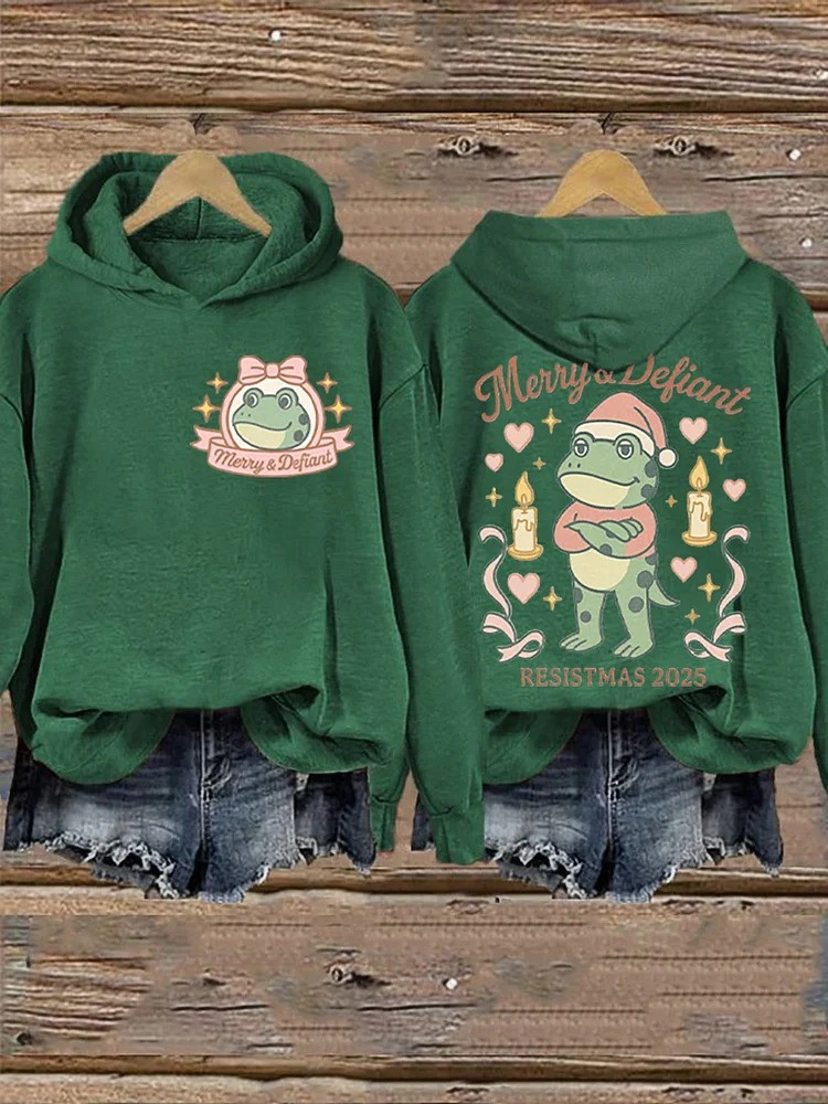 Portland Frog Merry And Defiant Hoodie Resistmas 2025 Hoodie Christmas Gifts Ideas