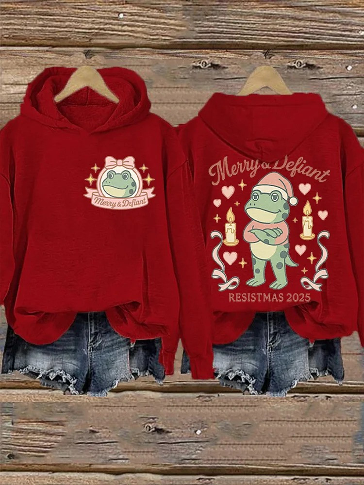 Portland Frog Merry And Defiant Hoodie Resistmas 2025 Hoodie Christmas Presents