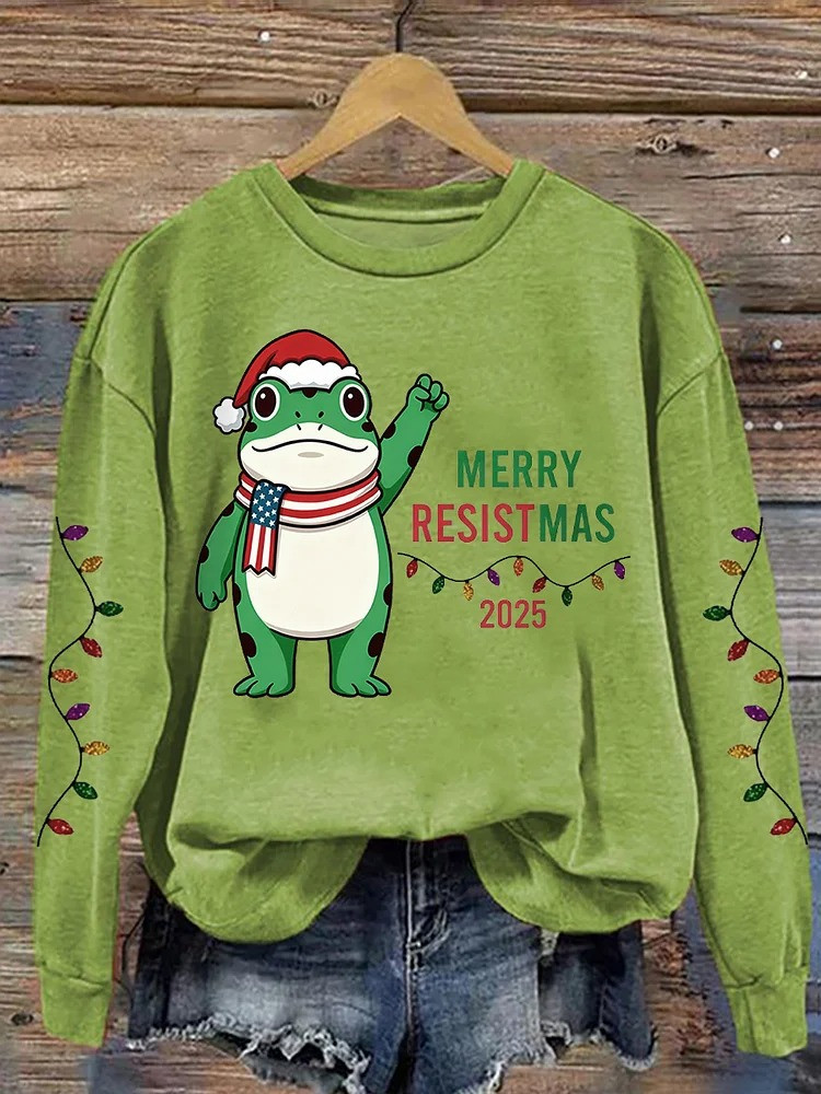 Portland Frog Merry Resistmas 2025 Sweatshirt Anti MAGA Apparel Christmas Gifts For Wife
