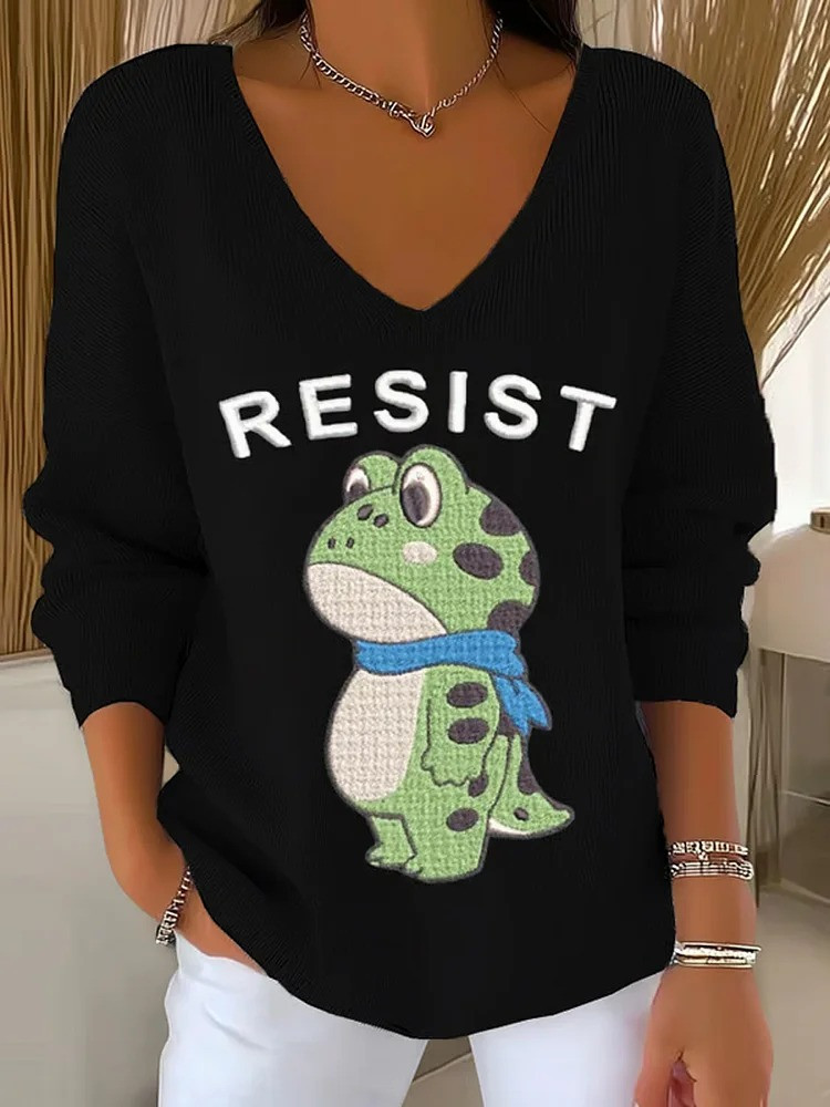 Portland Frog Resist V-Neck Long Sleeve Shirt Portland Frog Merch Anti Fascist Apparel