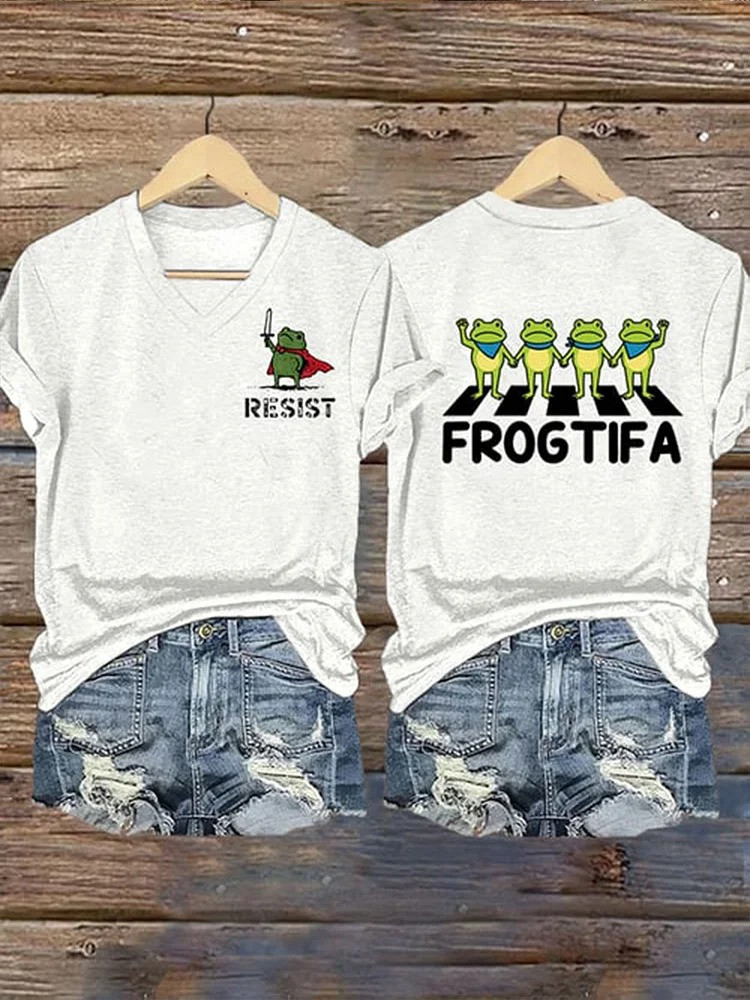 Portland Frog Resist V-Neck Shirt Frogtifa Anti Fascist Merch Gifts For Liberal Women