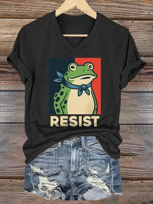Portland Frog Resist V-Neck Shirt No Kings Political Protest Funny Clothes Activist Gifts