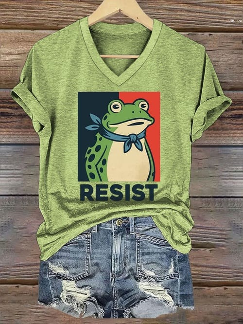 Portland Frog Resist V-Neck Shirt No Kings Political Protest Funny Clothes Activist Gifts