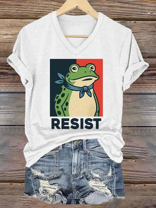 Portland Frog Resist V-Neck Shirt No Kings Political Protest Funny Clothes Activist Gifts
