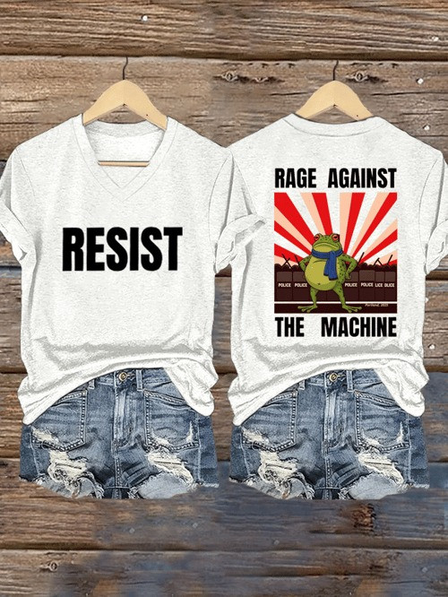 Portland Frog Resist V-Neck Shirt Rage Against The Machine No Kings Anti Fascism Clothes Gifts
