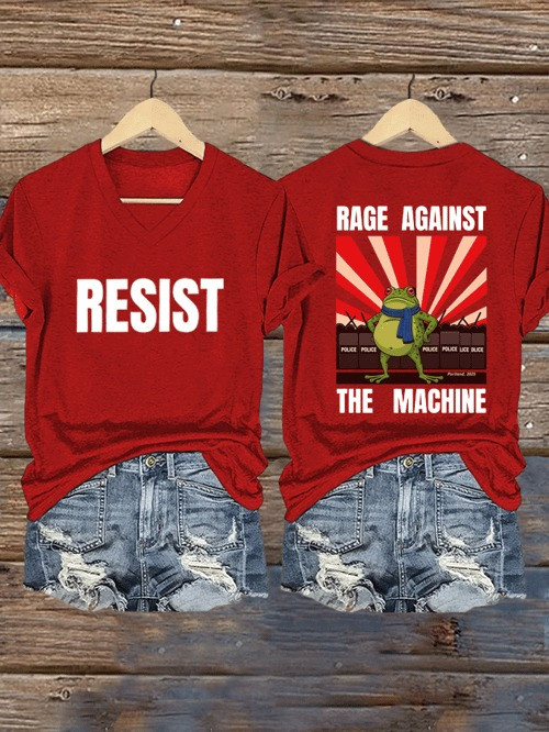Portland Frog Resist V-Neck Shirt Rage Against The Machine No Kings Anti Fascism Clothes Gifts