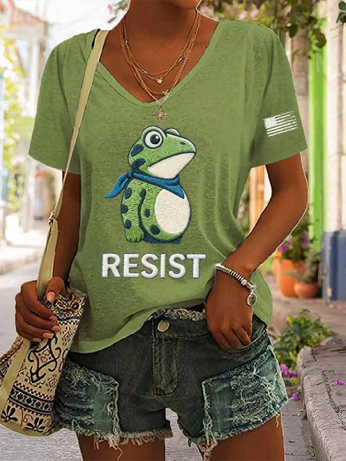 Portland Frog Resist V-Neck Shirt USA Flag Abolish ICE Protest Anti Fascist Merch Gifts