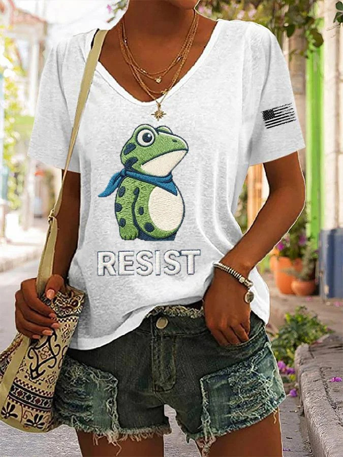Portland Frog Resist V-Neck Shirt USA Flag Anti ICE No Kings Protest Merch Gifts