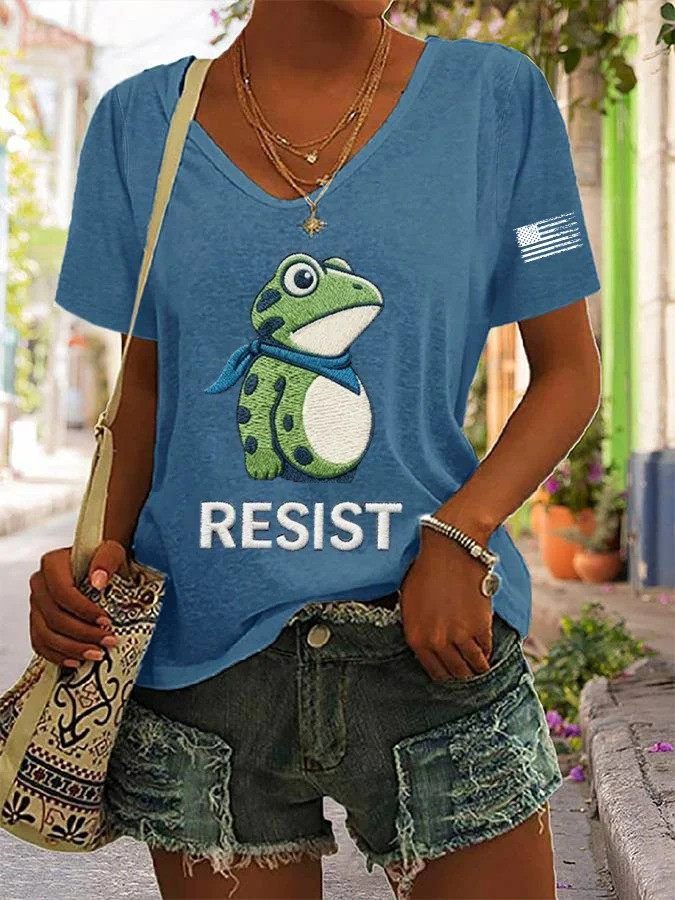 Portland Frog Resist V-Neck Shirt USA Flag Anti ICE Protest No Kings Merch Gifts
