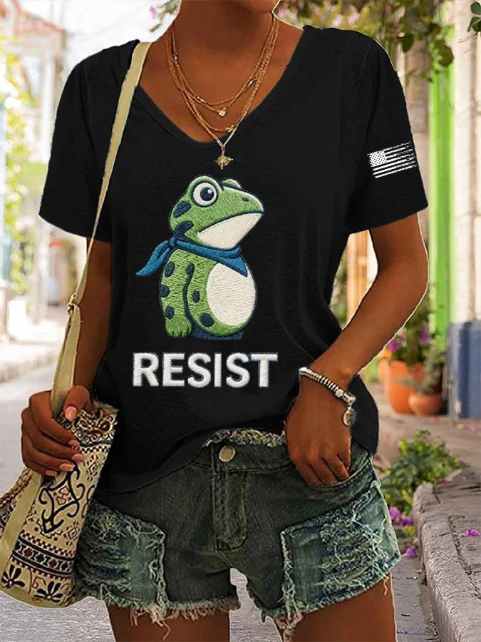 Portland Frog Resist V-Neck Shirt USA Flag No Kings Protest Merch Gifts For Liberal